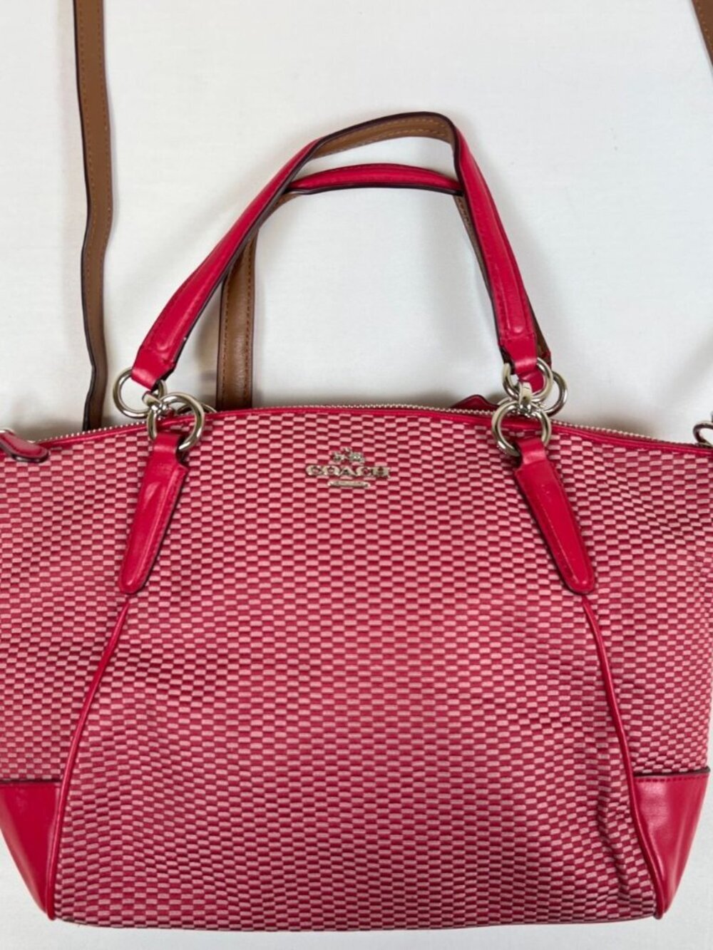 Coach Women Pink White Basketweave Canvas Tote Bag Red Leather Trim F25911